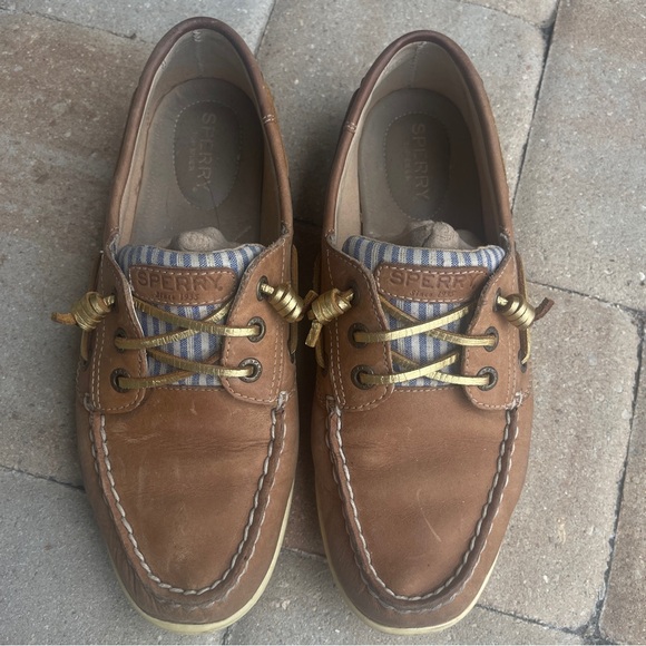 Sperry Size 8.5 Women's Songfish Blue Striped with Gold Metallic Laces Boat Shoe - Picture 3 of 7
